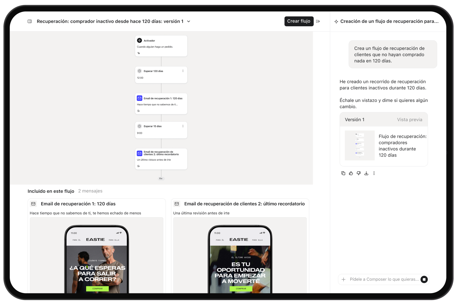 Interfaz de automatización de marketing que muestra un flujo de recuperación de clientes de 120 días con dos mensajes de email y un asistente de IA.