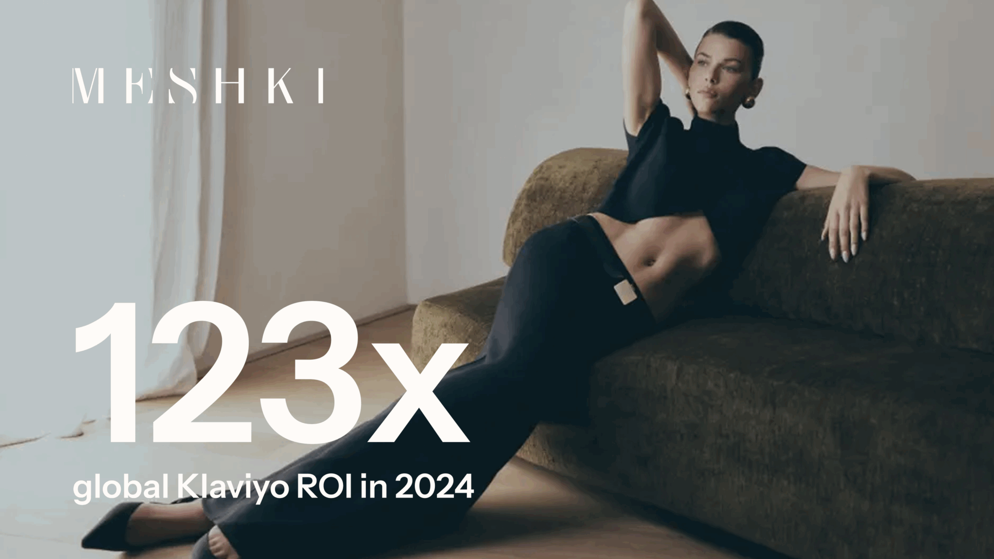Model lounging on a sofa, wearing a black outfit. Text overlay: "MESHKI 123x global Klaviyo ROI in 2024."