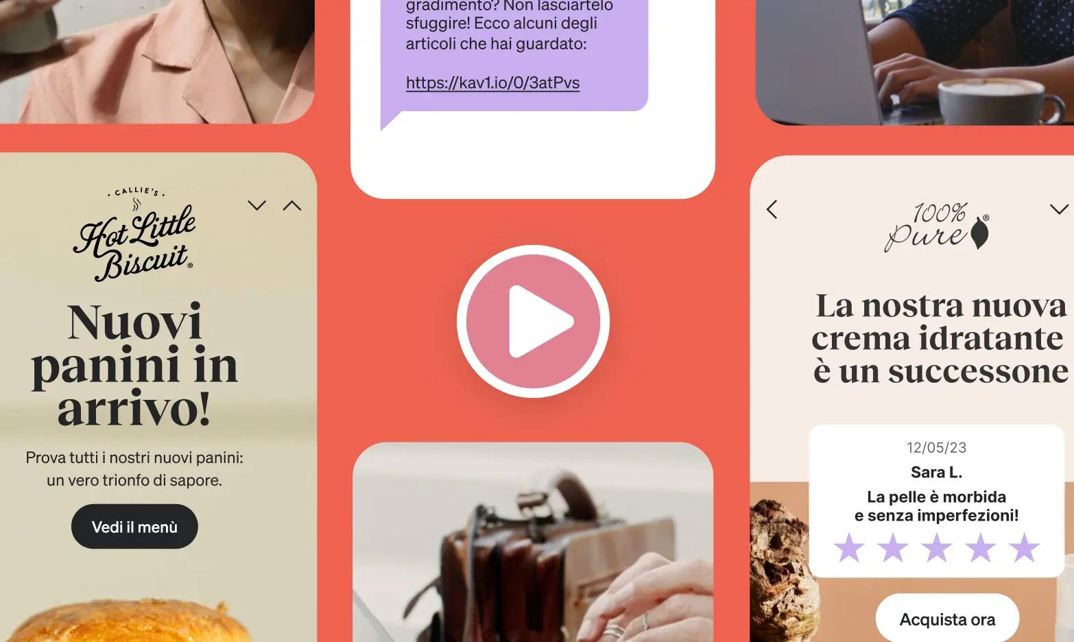 Collage di immagini promozionali con testi su panini, crema idratante, e messaggio di marketing. Al centro, un'icona di riproduzione.