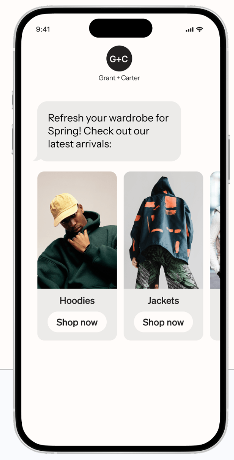 A mobile phone displays a marketing message from "Grant + Carter" promoting new arrivals, with images and "Shop now" buttons for hoodies and jackets.