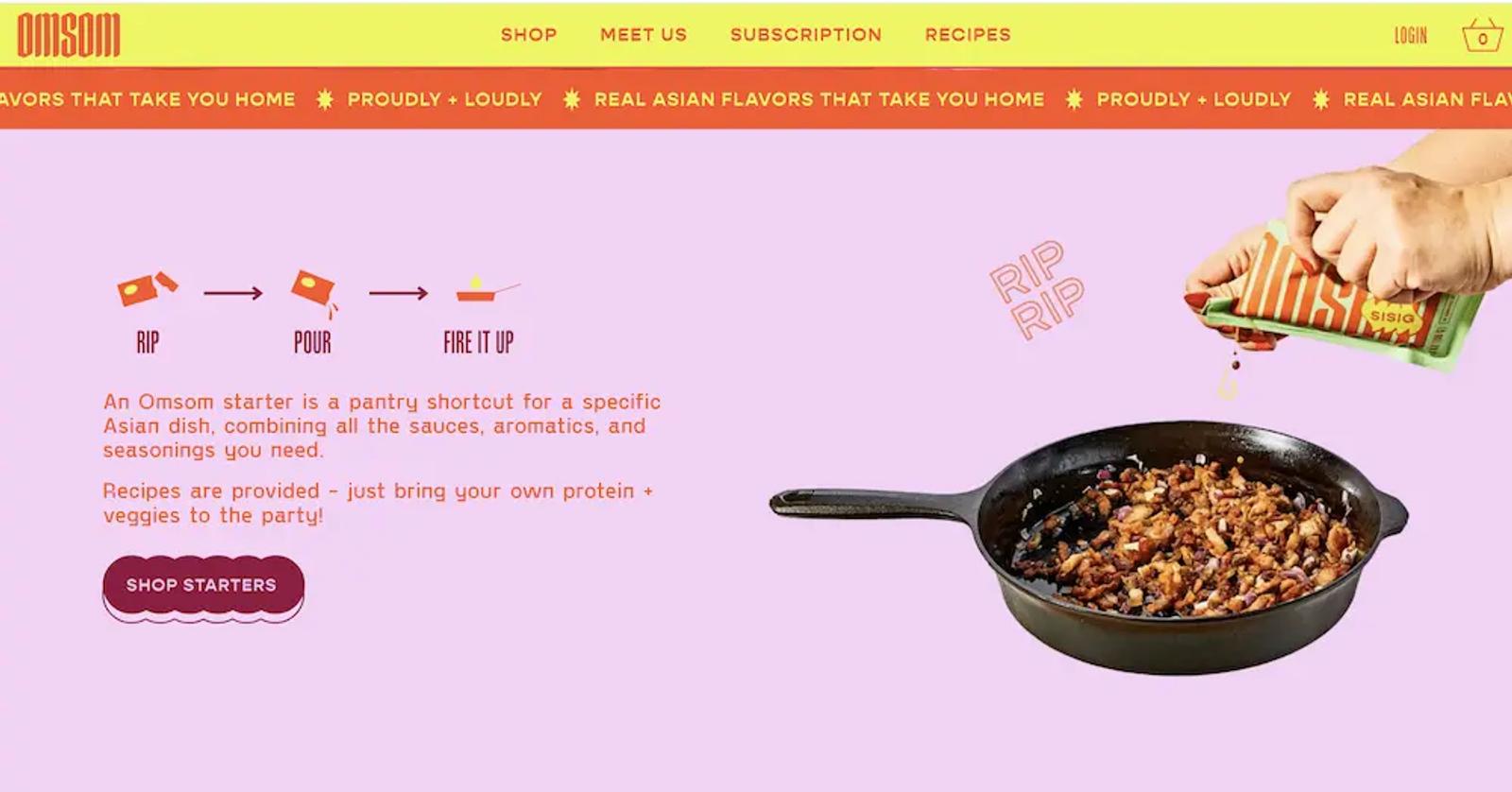 Omsom’s homepage makes use of bright yellow and orange colors, punchy copy, and collage-like design to convey the brand’s bold personality.