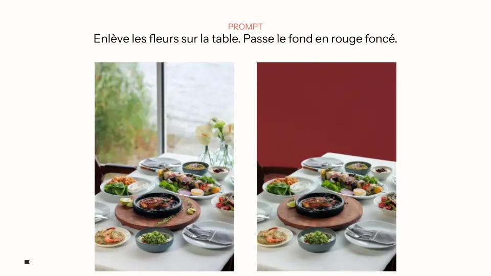 Deux images comparatives d'une table dressée avec des plats. À gauche, des fleurs sont présentes; à droite, elles sont retirées et le fond est rouge foncé.