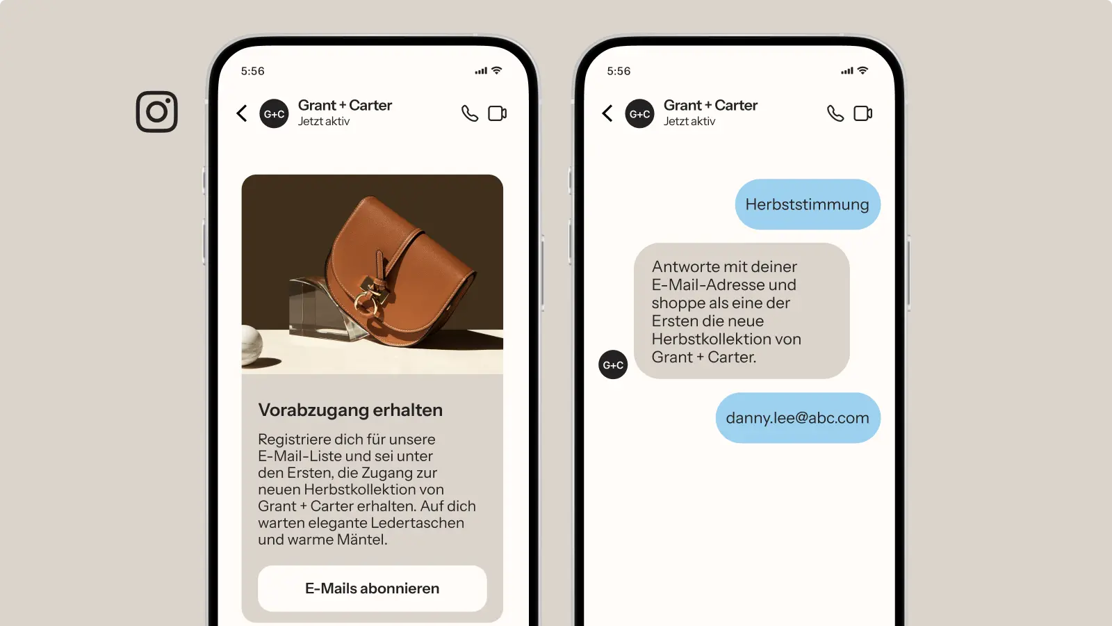 Zwei Smartphone-Bildschirme zeigen eine Instagram-Nachricht von Grant + Carter mit Werbung für eine Herbstkollektion und Lederhandtaschen.