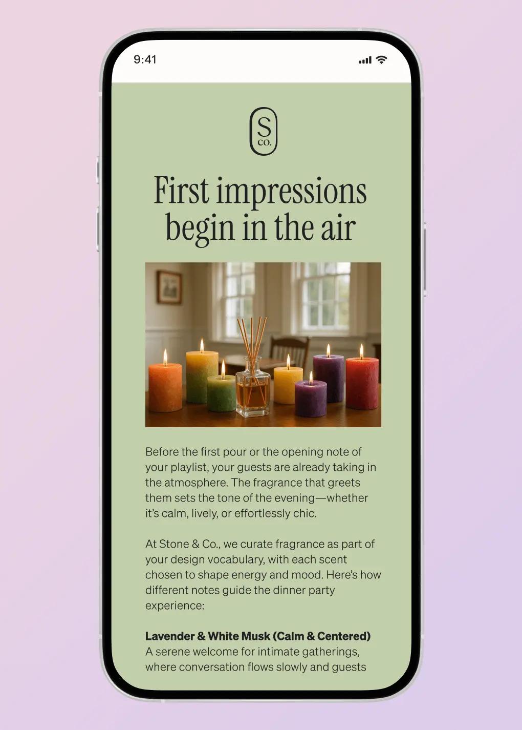 Mobile screen displaying a Stone & Co. fragrance ad with lit candles and text about creating a welcoming atmosphere.