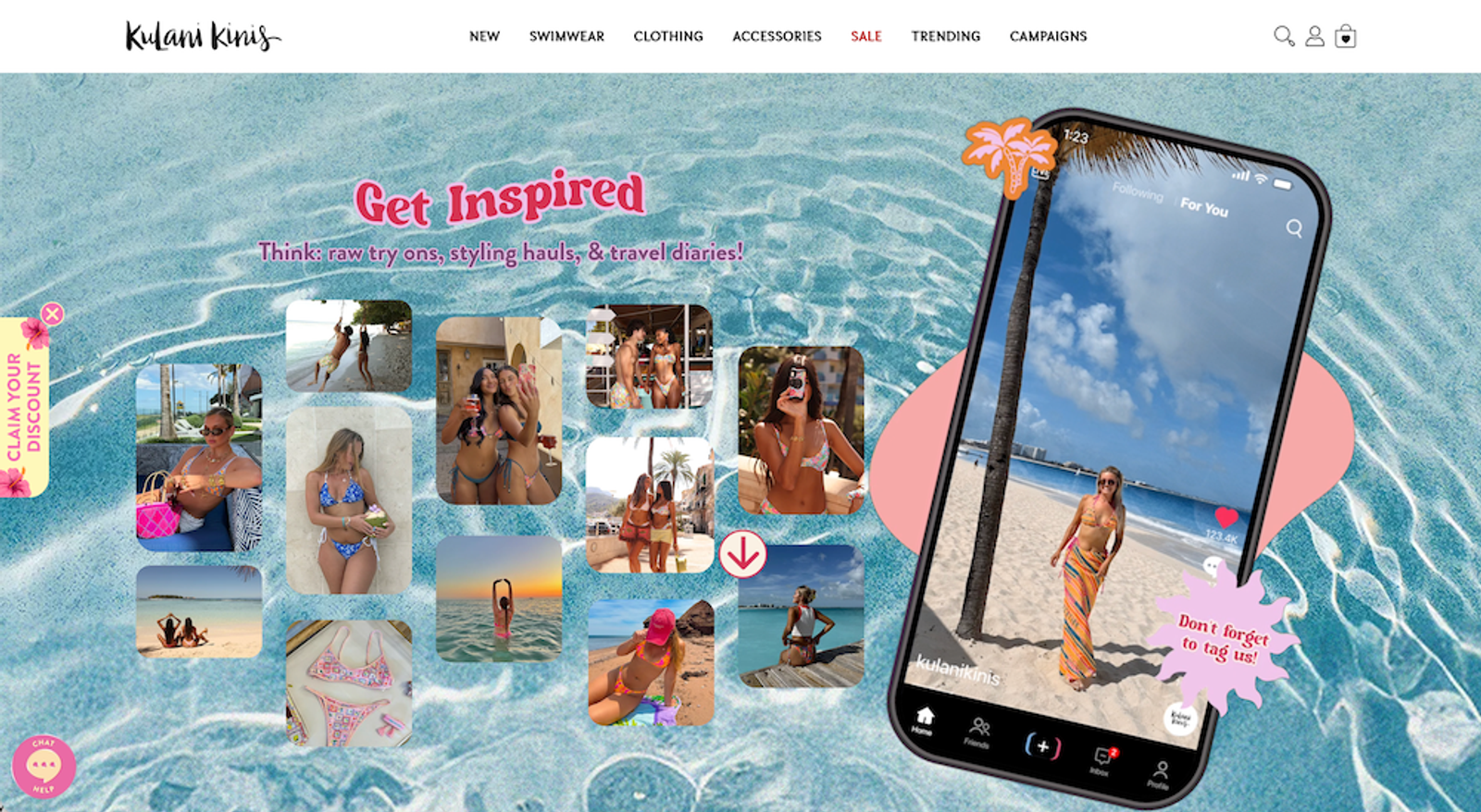 Kulani Kinis swimwear website banner featuring a 'Get Inspired' collage of women in bikinis and a smartphone showing a beach video.