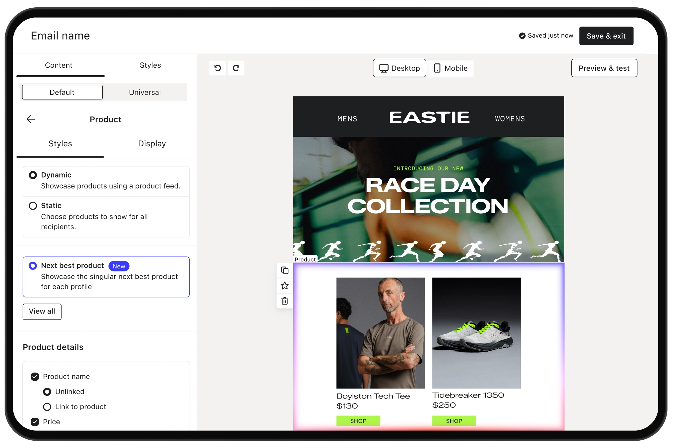 Email editor showing dynamic product settings and a preview of an Eastie Race Day Collection campaign.