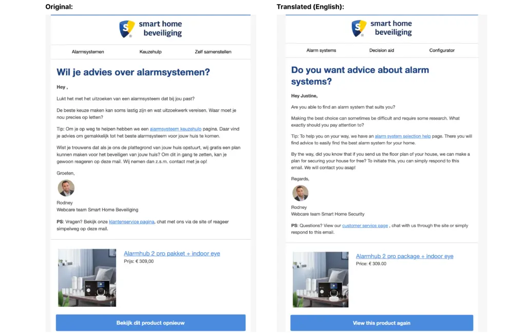 A side by side comparison of two emails from Smart Home Beveiliging.
