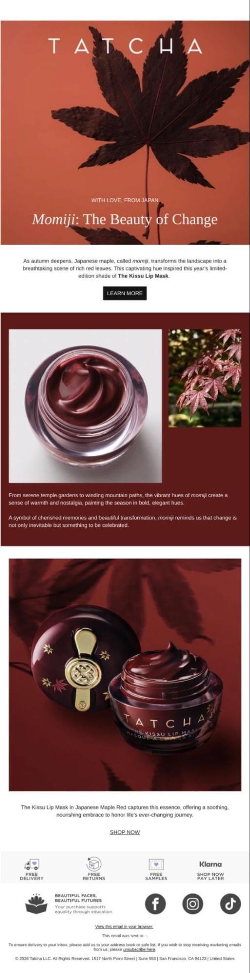 Tatcha promotional email for "Momiji: The Beauty of Change," featuring dark red Japanese maple leaves and the Kissu Lip Mask in a matching deep red jar.