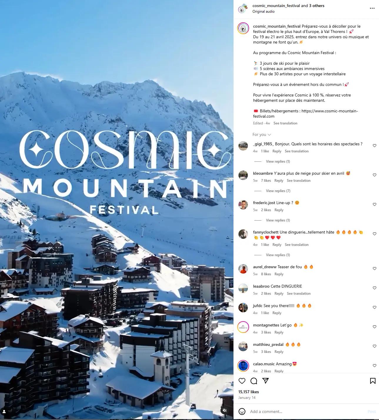 Affiche promotionnelle du Cosmic Mountain Festival à Val Thorens, avec une vue aérienne d'une station de ski enneigée et des montagnes en arrière-plan. L'événement met en avant trois jours de musique électro en altitude.