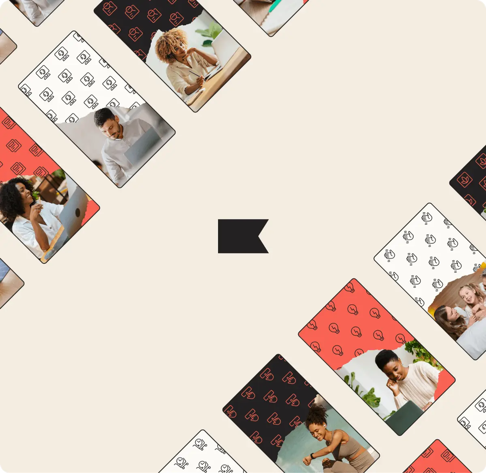 Collage of diverse people using laptops, with patterned backgrounds featuring icons. Central black flag icon.