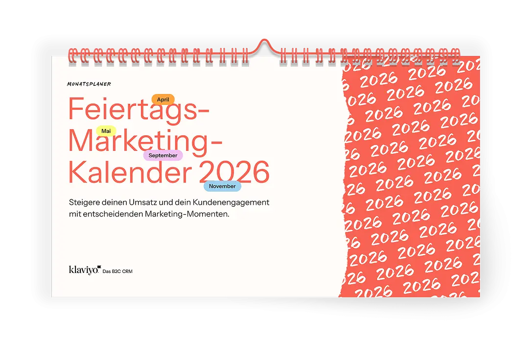 Feiertags-Marketing-Kalender 2026 Cover mit Monatsplaner und Klaviyo-Logo. Enthält Monate April, Mai, September, November.