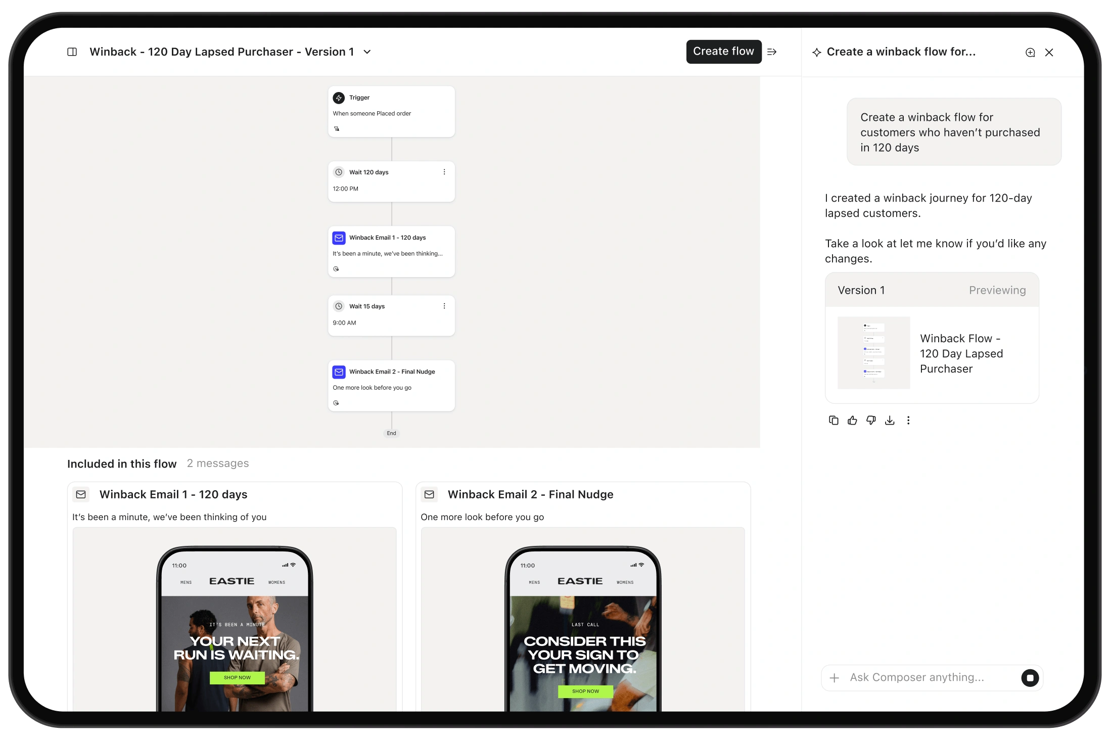 Marketing automation interface showing a 120-day customer winback flow with two email messages and an AI assistant.