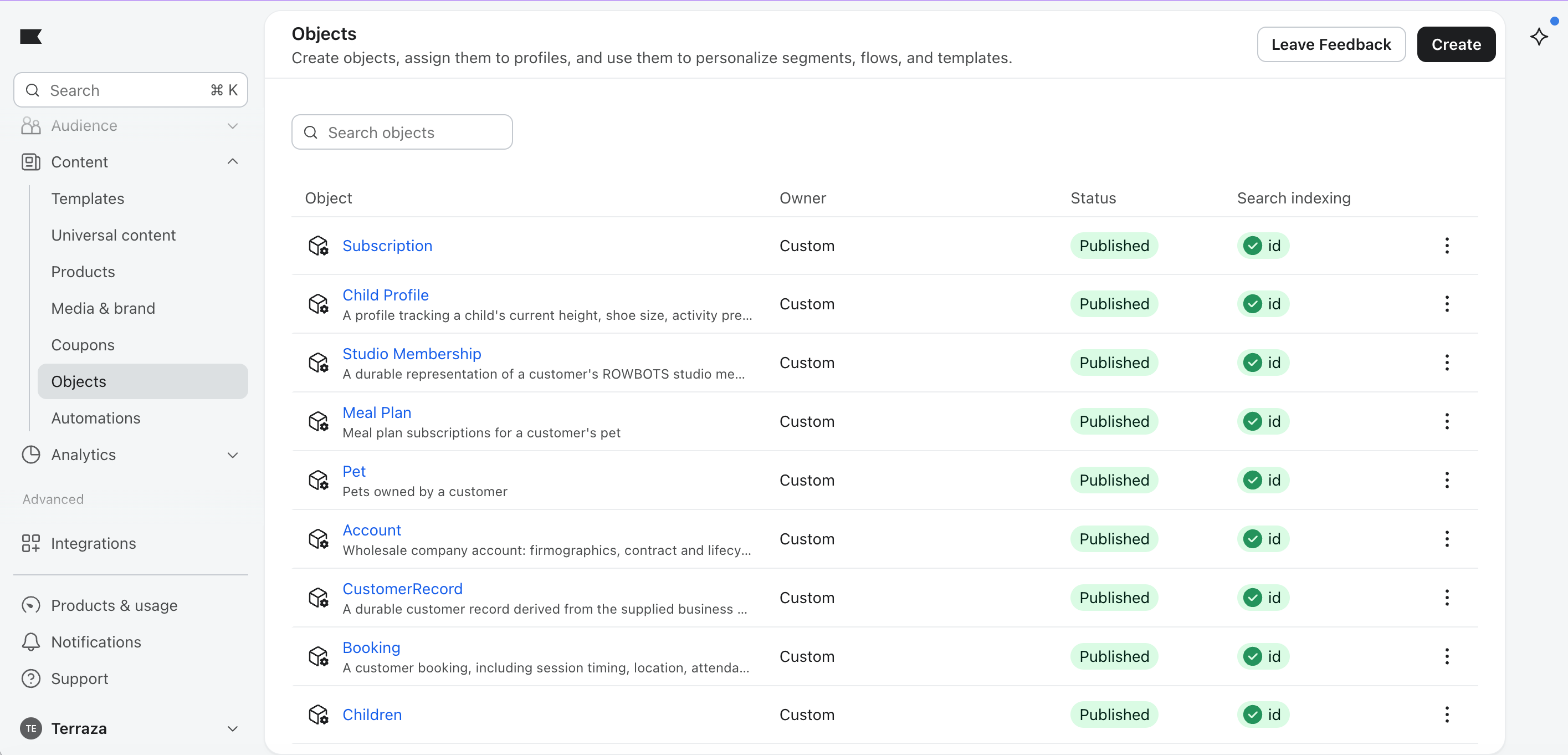 A software dashboard displaying the "Objects" management screen with a list of custom objects like Subscription and Child Profile, all marked as Published.