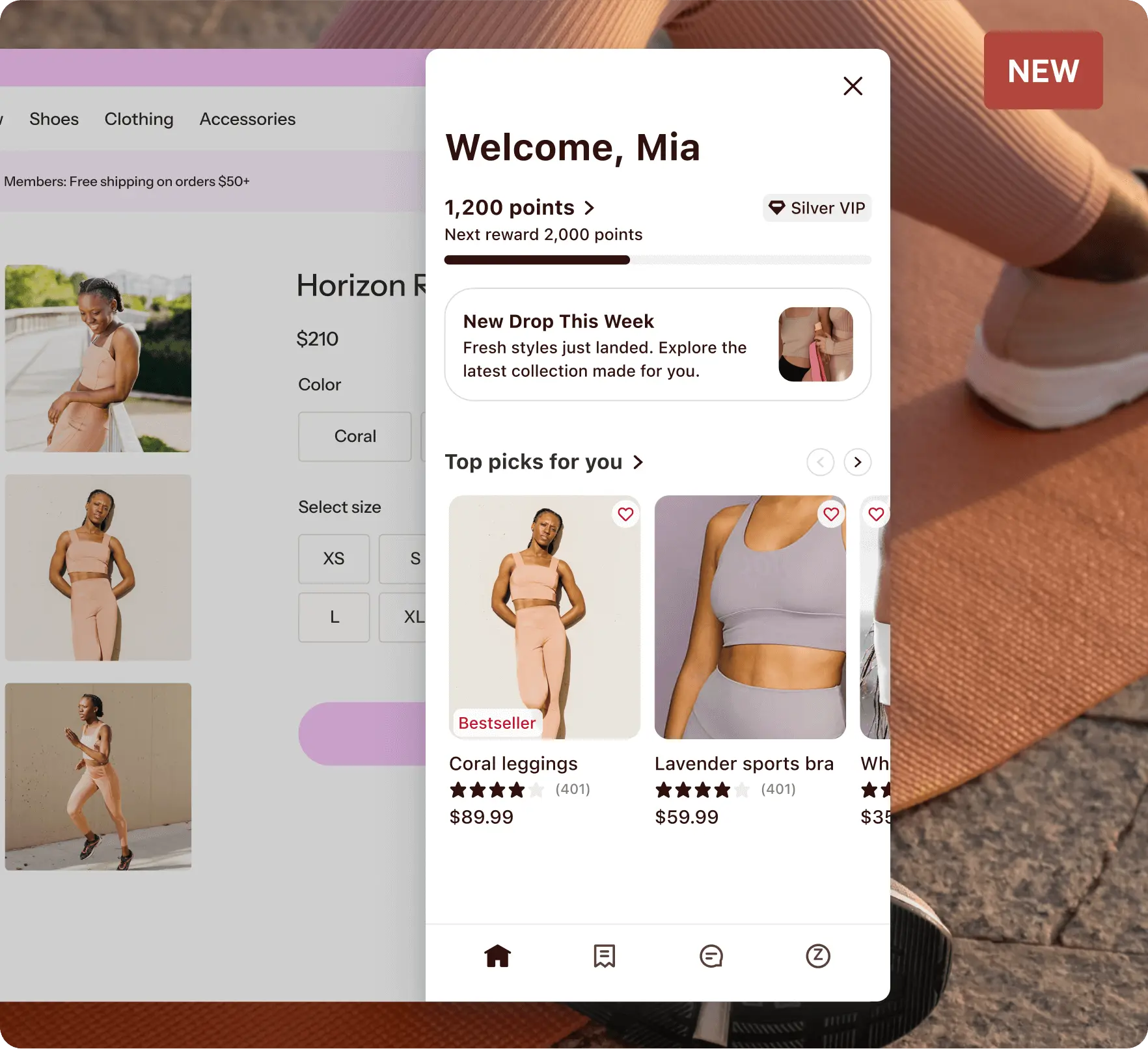 Shopping app interface showing a welcome message for Mia, loyalty points, and clothing recommendations, including coral leggings.