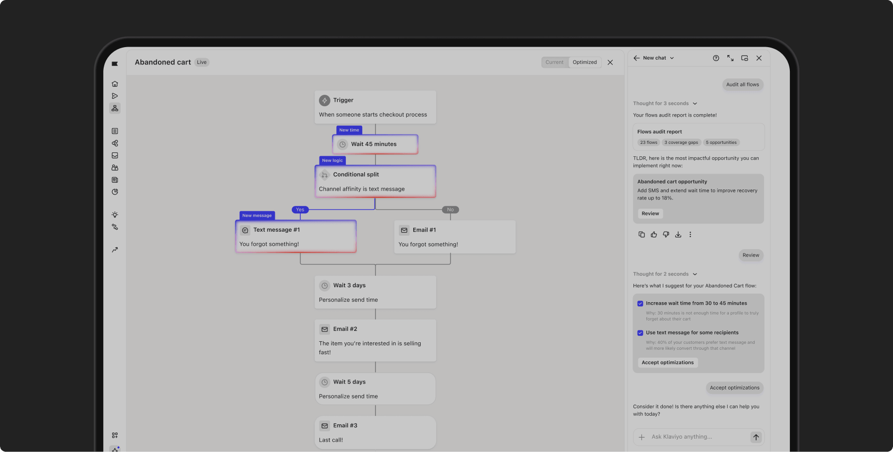 A digital tablet showing an "Abandoned cart" marketing automation flowchart with AI optimization suggestions on the right.