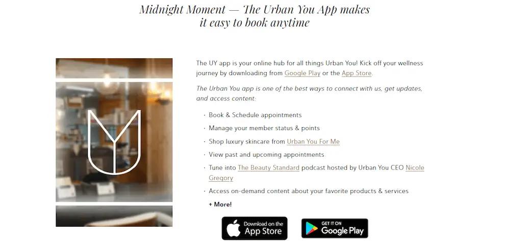 Image shows a screenshot from the Urban You website, advertising the brand’s mobile app. “The Urban You App makes it easy to book anytime,” the page explains, along with a list of what else users can use the app to accomplish, from managing their member status to viewing past and upcoming appointments.