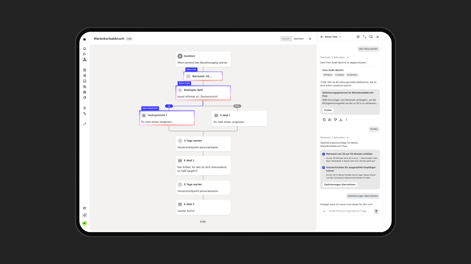 A digital tablet displays an abandoned cart marketing automation flowchart on the left and an AI chat assistant with optimization suggestions on the right.