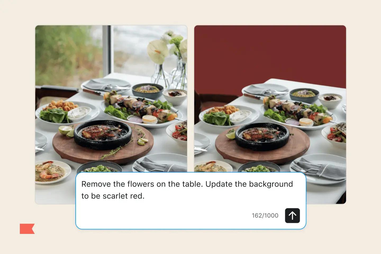 Two side-by-side images of a table with food. Left: flowers and outdoor view. Right: no flowers, scarlet red background.