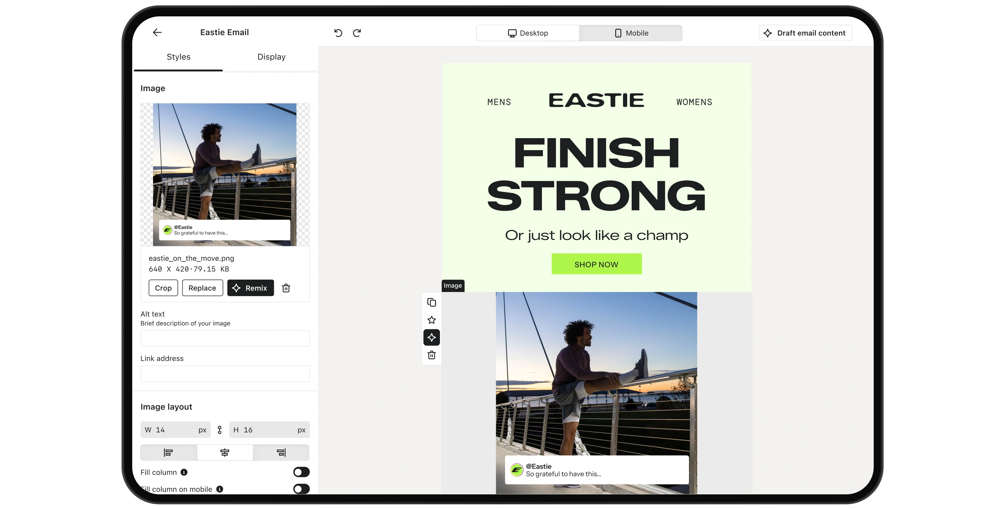 Email editor showing an Eastie sportswear campaign with a man stretching his leg on a waterfront railing.