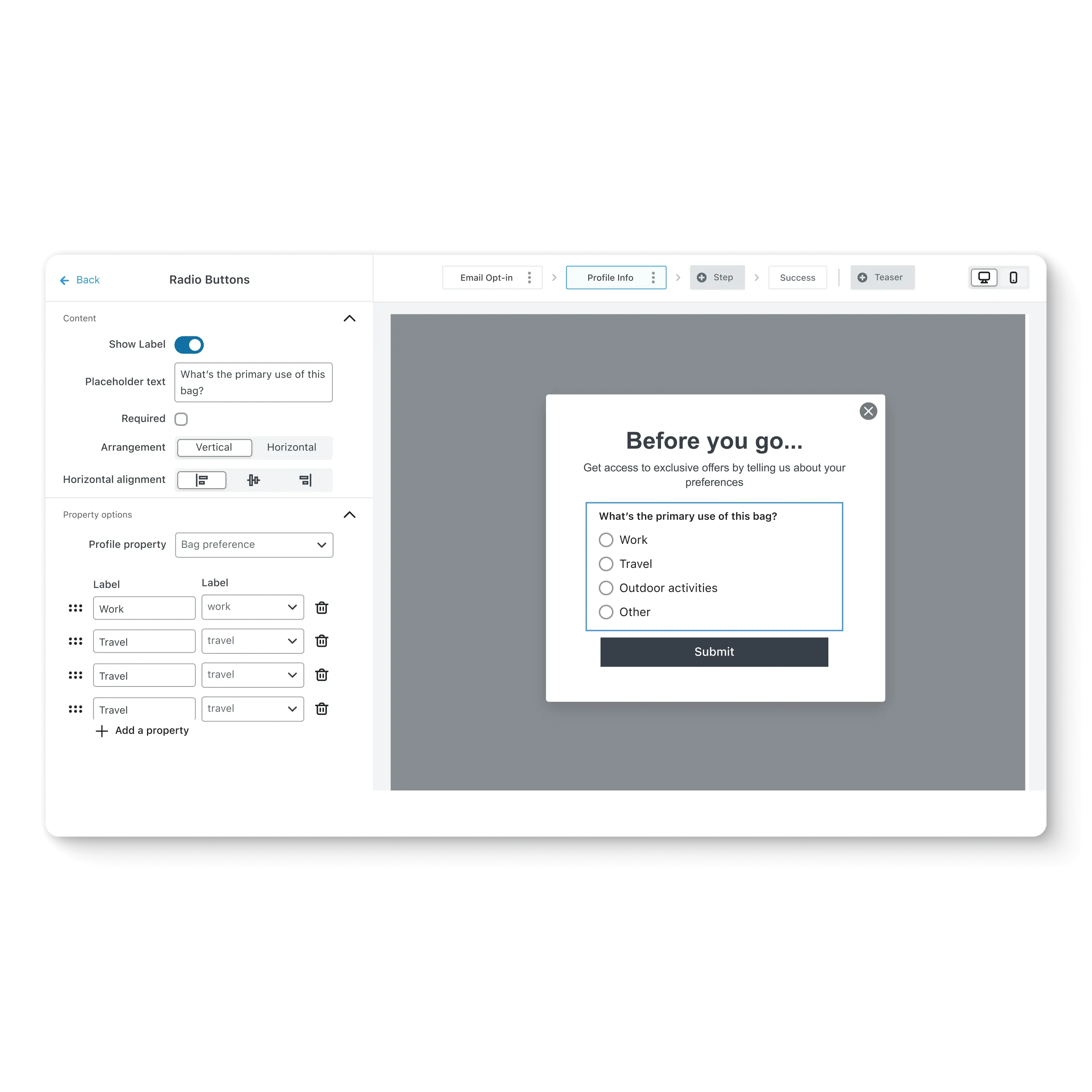 Creating an email opt-in form with an added step asking customers what they're using their bag for: work, travel, outdoor activities, or other.