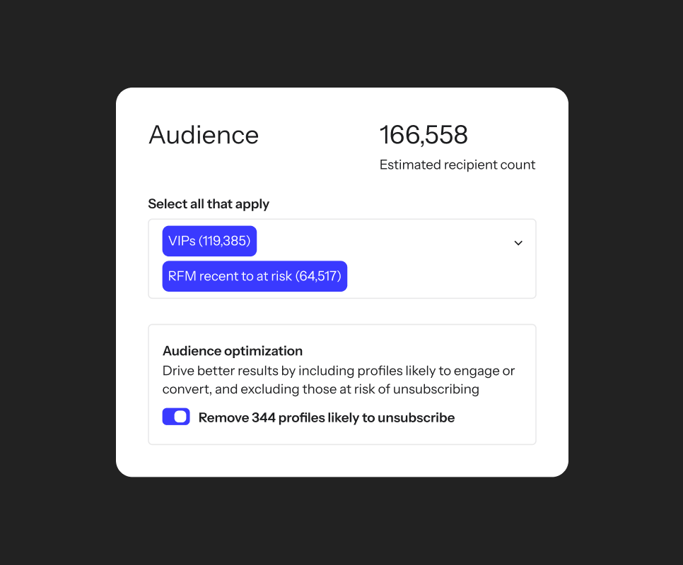 The Klaviyo audience panel showing two selected segments — VIPs (119,385) and RFM recent to at risk (64,517) — with an estimated recipient count of 166,558. An "Audience optimization" toggle is enabled to automatically remove 344 profiles likely to unsubscribe.