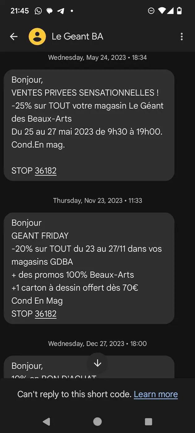 Messages SMS de "Le Géant BA" annonçant des ventes privées et promotions, avec détails des dates et réductions.