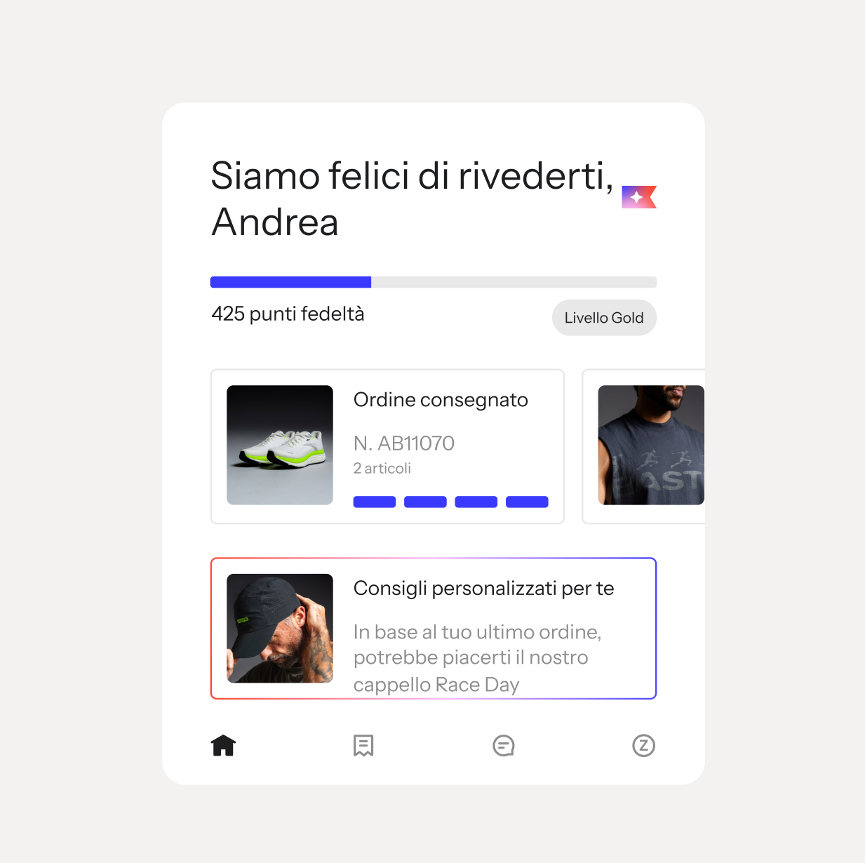 Mobile app interface displaying a user's personalized dashboard with loyalty points, recent orders, and product recommendations.