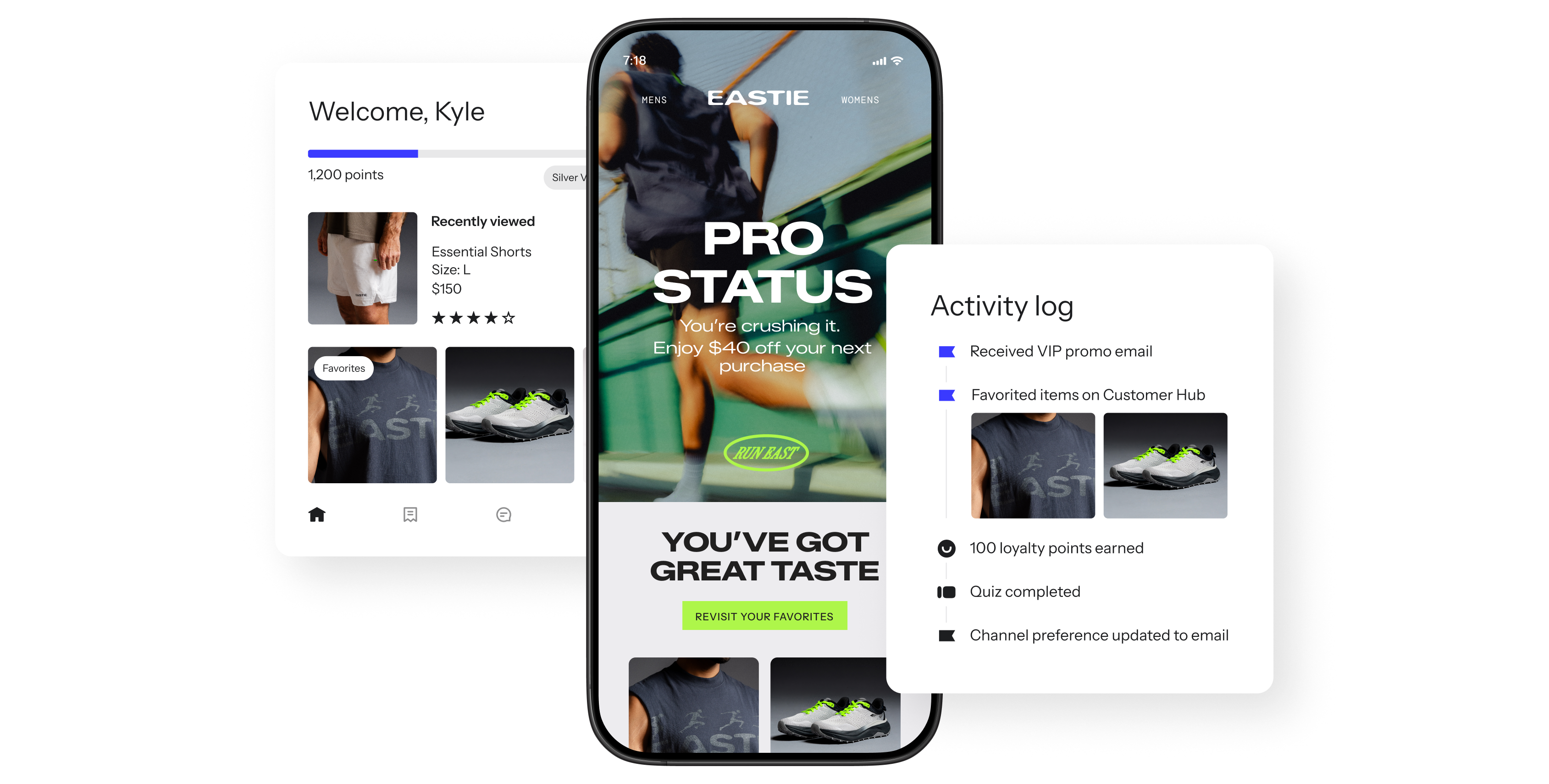 Mobile retail app screens showing a loyalty dashboard, promotional offer, favorites, and customer activity log.