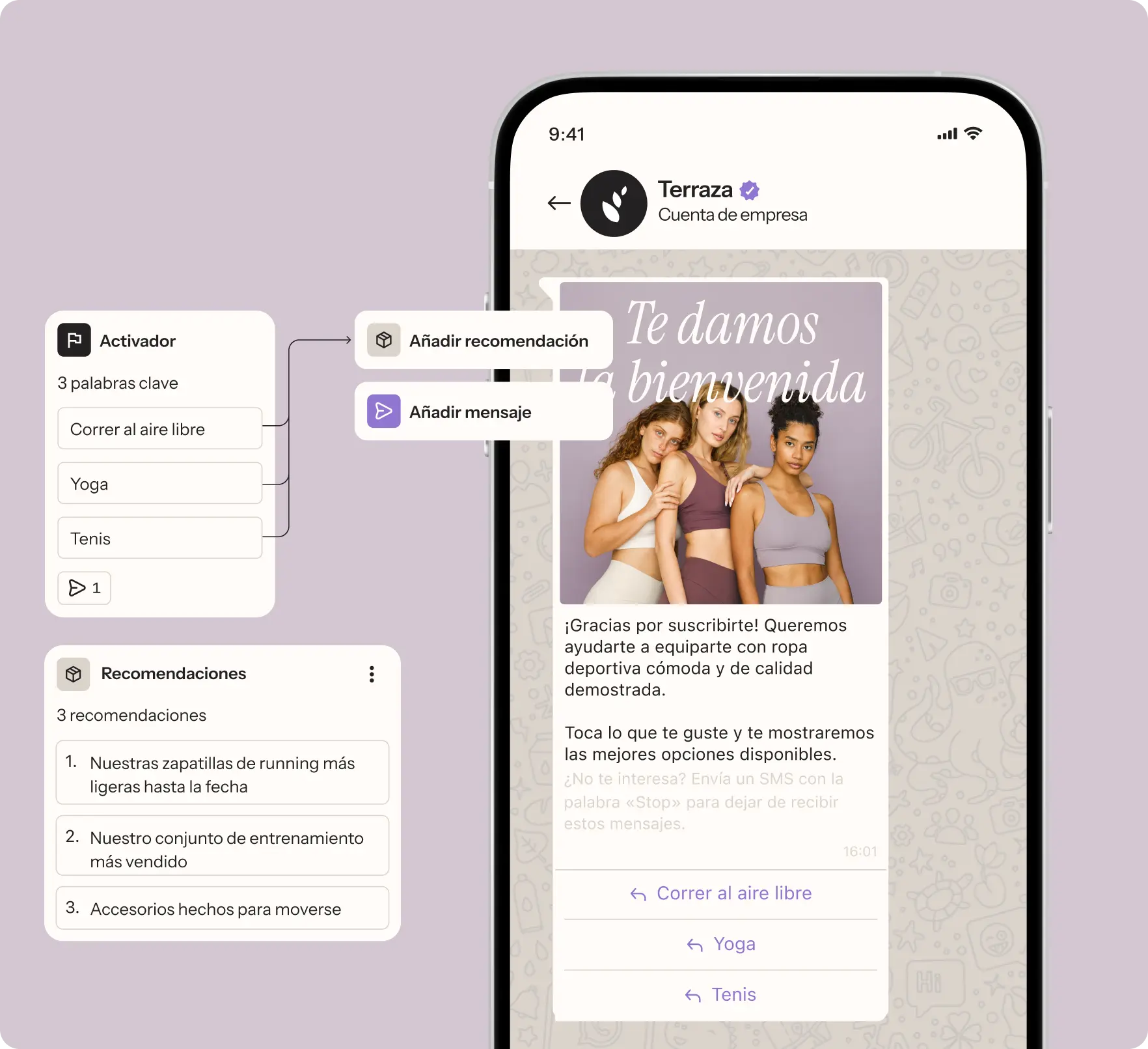 Mensaje de WhatsApp de la cuenta de empresa de Terraza en el que se dan recomendaciones de ropa deportiva basadas en palabras clave: correr al aire libre, yoga y tenis
