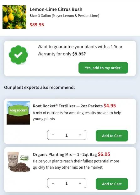 Image shows a cart on the FastGrowingTrees website, which contains a lemon-lime citrus bush. Beneath the cart is another section that reads, “Our plant experts also recommend” and contains two complementary products for the citrus bush: fertilizer and organic planting mix.