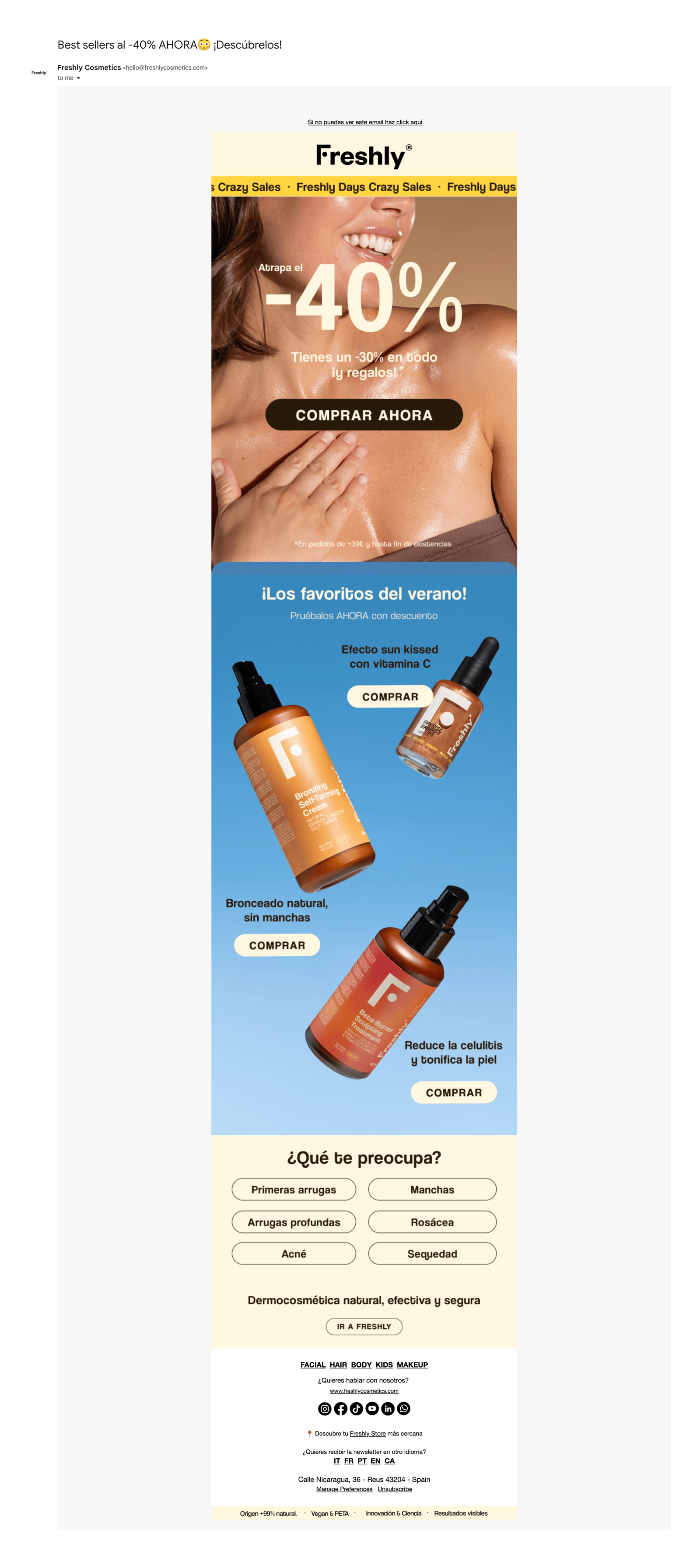 Captura de un email promocional de Freshly Cosmetics con descuento en los artículos más vendidos y una sección relativa a la preocupación de la piel (arrugas, manchas, rosácea, acné, sequedad, etc.).