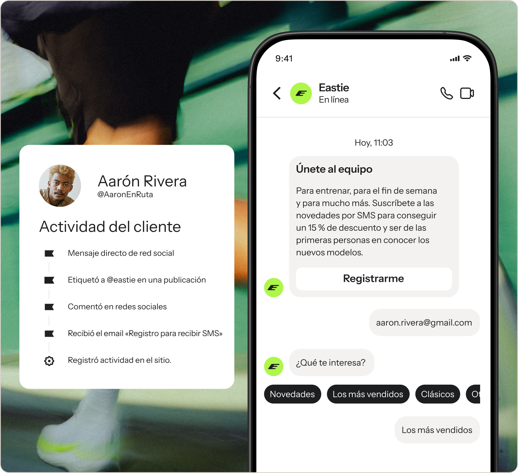 A mobile phone displays an "Eastie" chat app with a signup offer and product options, alongside a card showing "Aarón Rivera's Customer Activity" with social media and site interactions.
