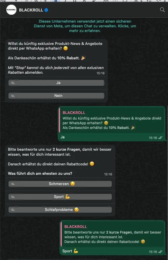 WhatsApp-Chat mit BLACKROLL über exklusive Produkt-News und Angebote. Nutzer erhält 10% Rabatt und beantwortet Fragen zu Interessen.