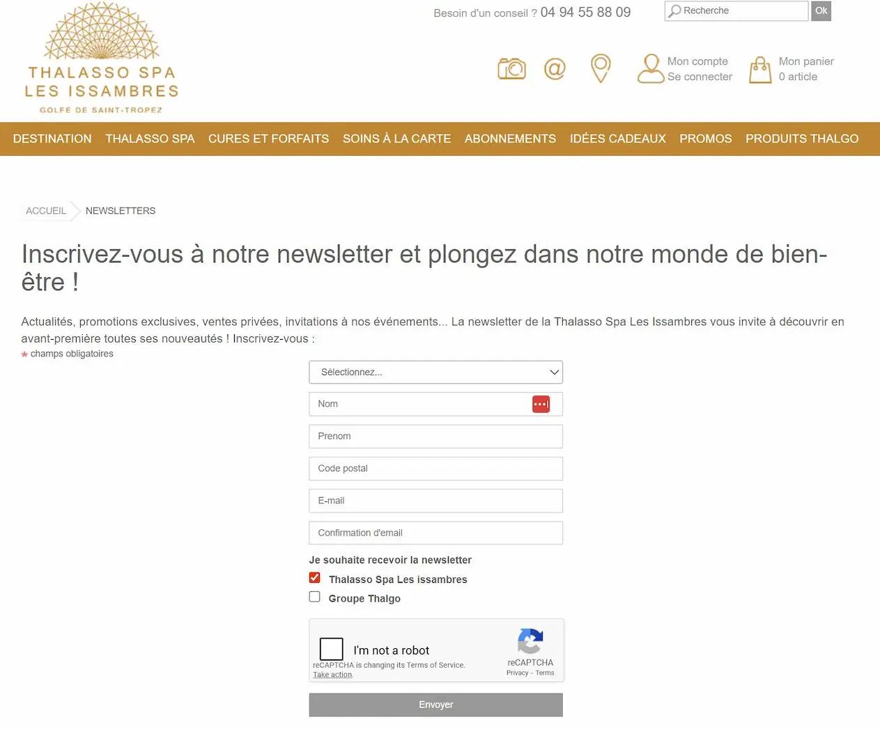Formulaire d'inscription à la newsletter de Thalasso Spa Les Issambres, avec champs pour nom, prénom, code postal et e-mail.