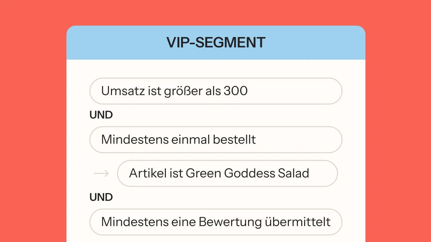 VIP-Segment-Kriterien: Umsatz über 300, mindestens einmal bestellt, Artikel ist Green Goddess Salad, mindestens eine Bewertung.