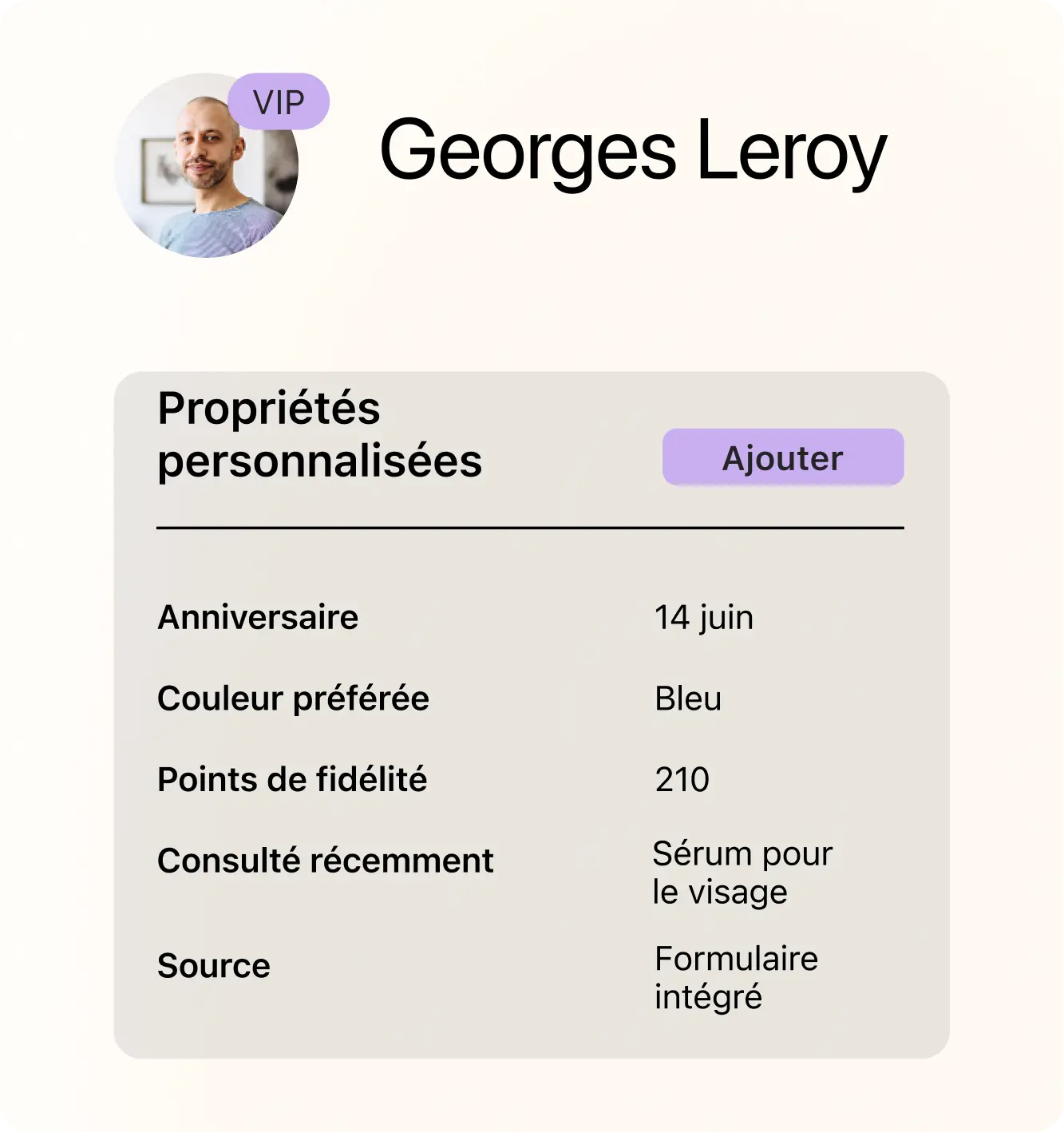 Customer profile showing various custom properties: birthday, favorite color, number of loyalty points, recently viewed product, and source.