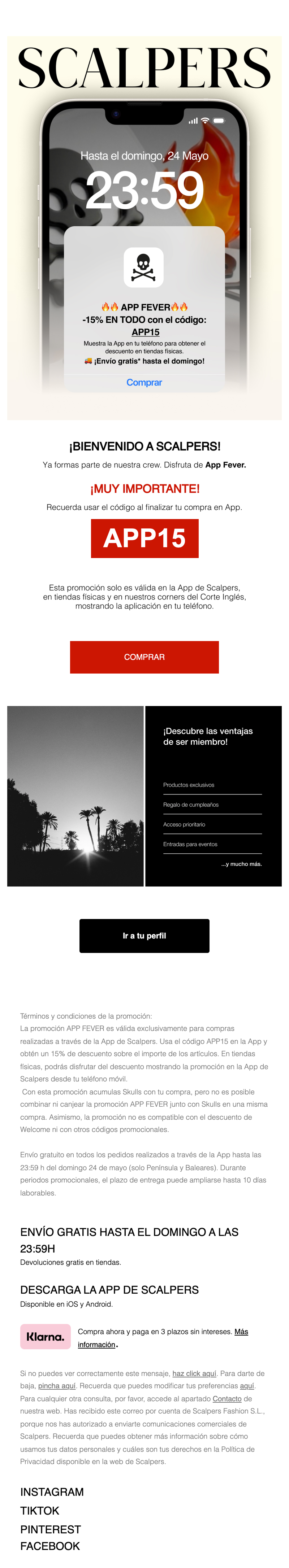 Email de bienvenida de Scalpers con una cuenta atrás «hasta el domingo, 24 mayo, 23:59», una promoción «App Fever» del 15 % de descuento válida solo en la app, en tiendas físicas y en los corners de El Corte Inglés, y un acceso al perfil del suscriptor.