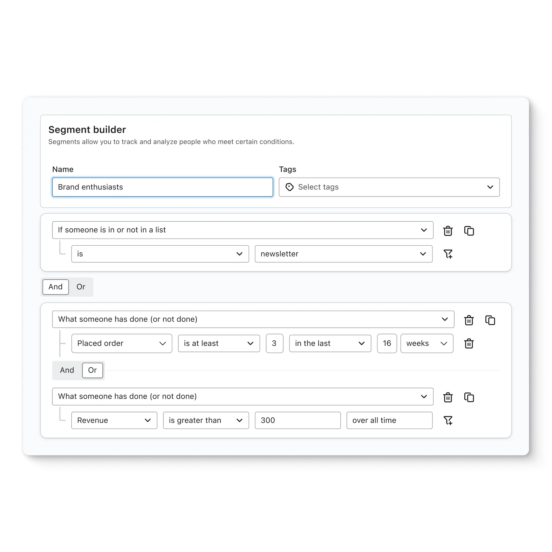 Klaviyo segment builder screen showing a “Brand enthusiast” segment based on their lists, how recently they placed an order, and how much they spent.