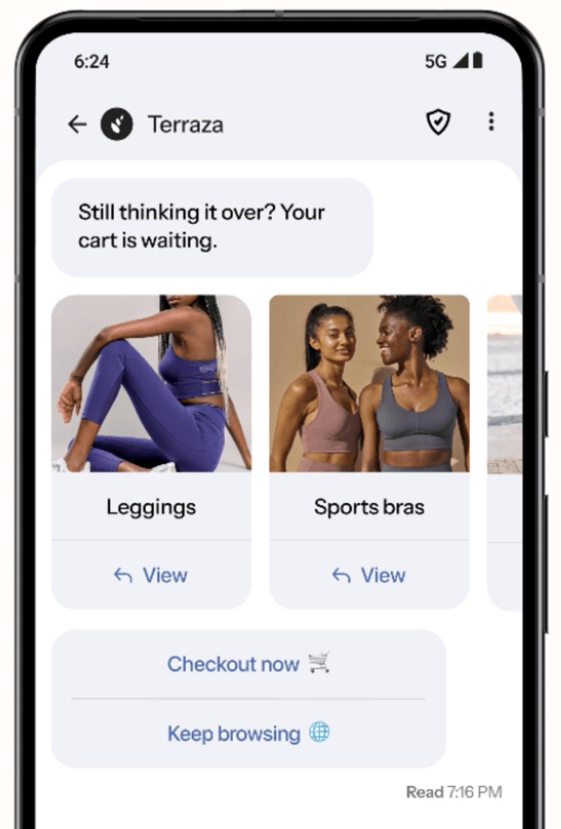 A phone displays a shopping cart reminder message from "Terraza" with product images for leggings and sports bras, and buttons to "Checkout now" or "Keep browsing".