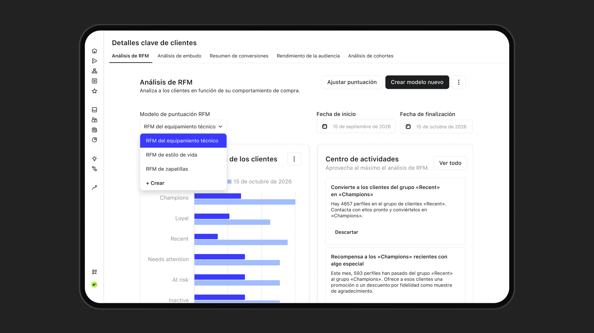 A tablet screen displaying customer RFM analysis with a bar chart of customer segments and activity recommendations.