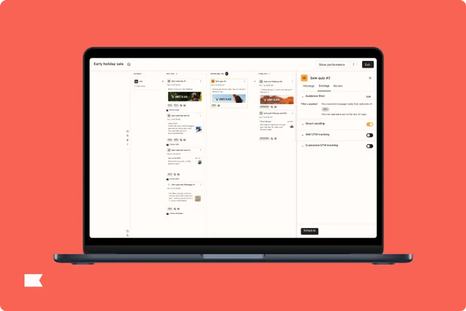Laptop displaying a marketing dashboard for an early holiday sale, featuring campaign details and settings on a red background.