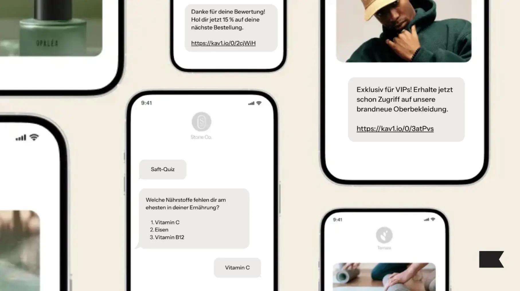 Mehrere Smartphones zeigen SMS-Marketing-Nachrichten auf Deutsch, darunter Rabattangebote und ein Quiz über Nährstoffe.