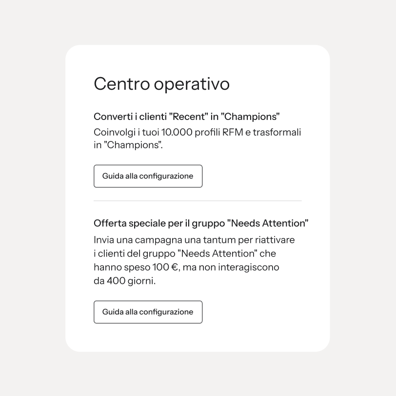 Centro azioni con consigli sulla campagna per convertire i clienti recenti e fare riattivazione clienti inattivi.