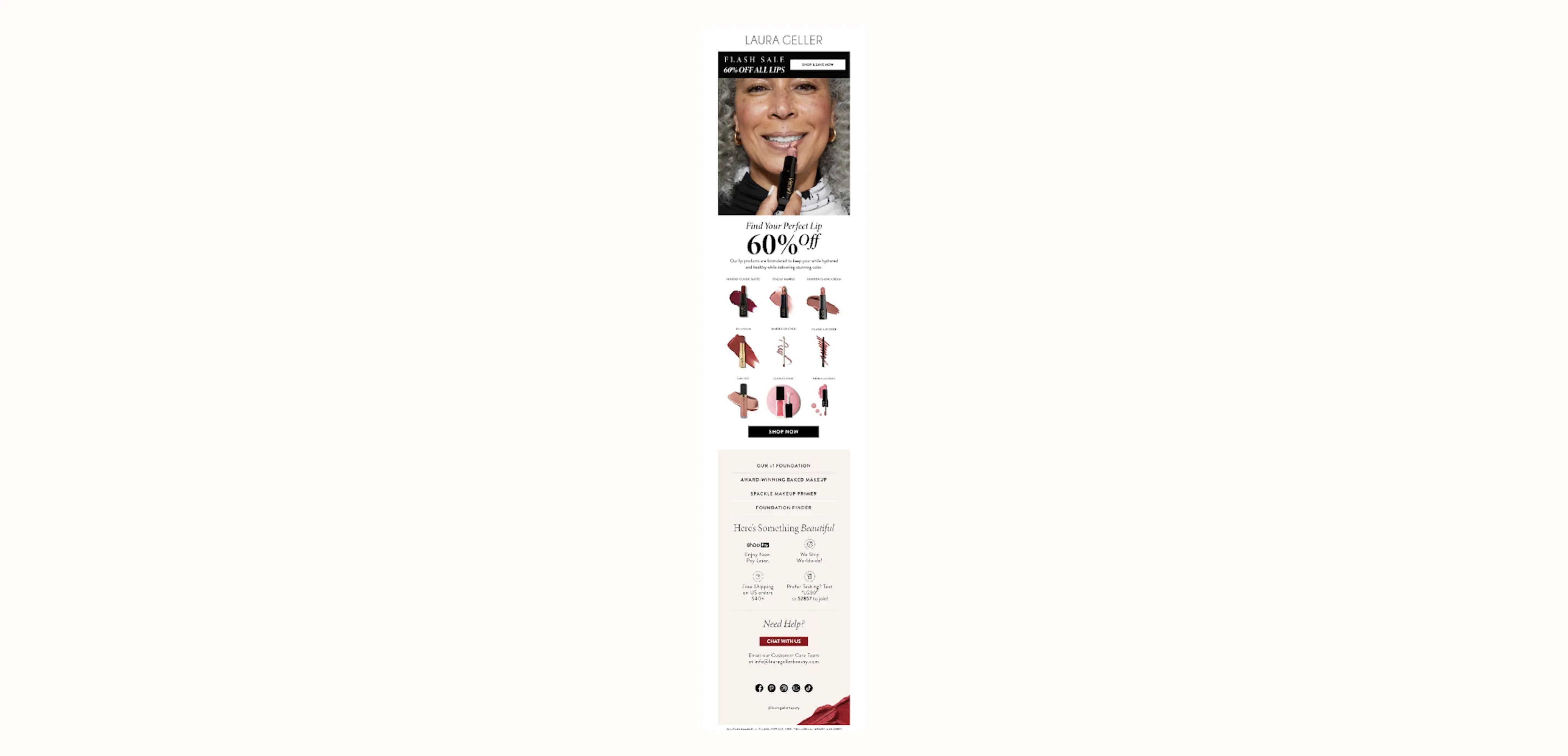 Image shows a flash sale email announcement from makeup brand Laura Geller. It promotes a flash sale with a personalised content block featuring 9 products based on the recipient’s shopping history that feature a variety of product types and shades.