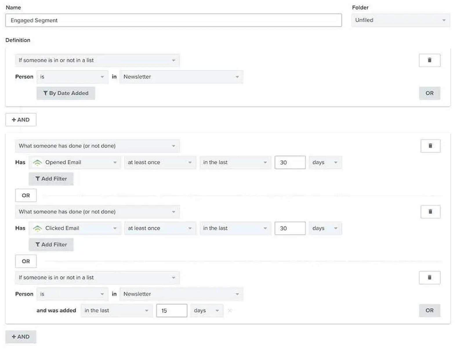 Image shows the parameters for creating an engaged audience segment in the back end of Klaviyo: has opened an email at least once in the last 30 days, or has clicked on an email at least once in the last 30 days.