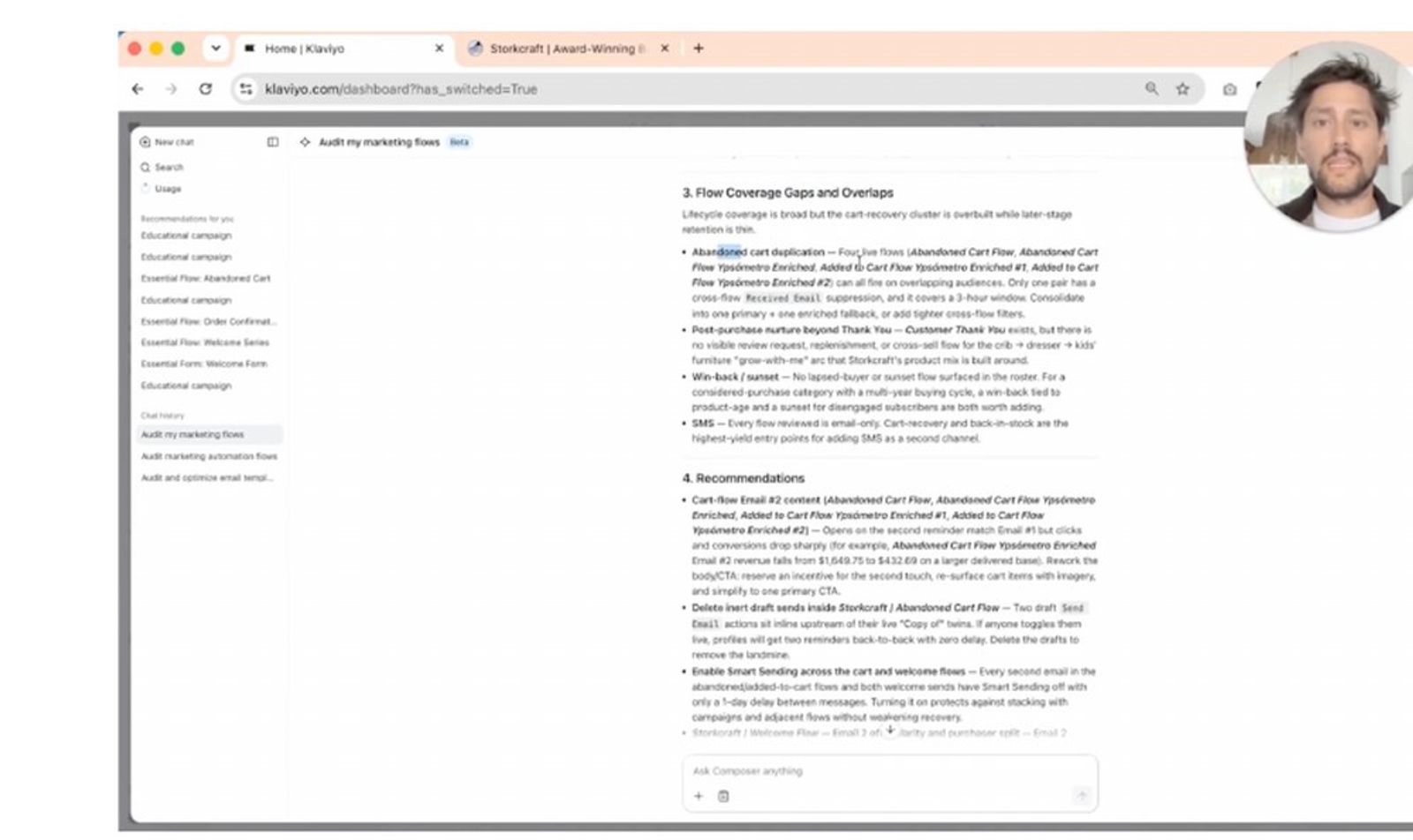 A man's face in the top right corner of a laptop screen displaying a Klaviyo dashboard with marketing flow recommendations.