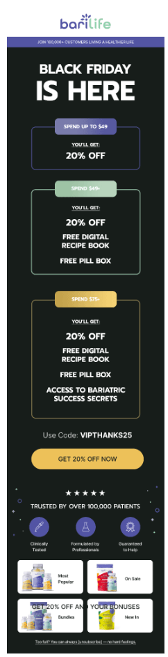bari life Black Friday sale featuring tiered offers: 20% off, free digital recipe book, and pill box. Use code VIPTHANKS25.