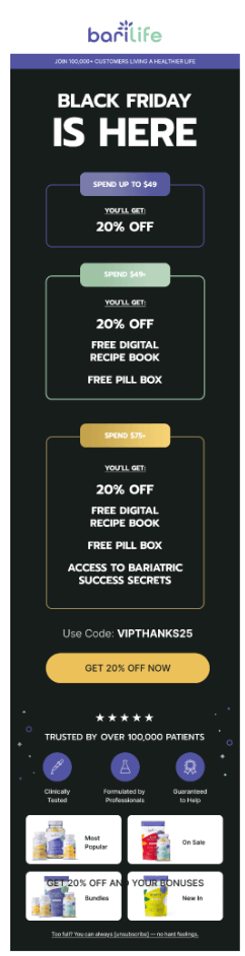 bari life Black Friday sale featuring tiered offers: 20% off, free digital recipe book, and pill box. Use code VIPTHANKS25.