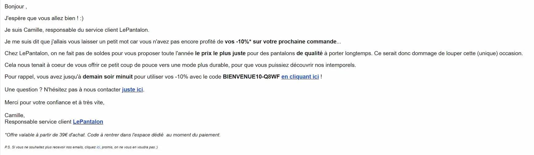 Email promotionnel de LePantalon offrant 10% de réduction sur une prochaine commande avec le code BIENVENUE10-Q8WF.