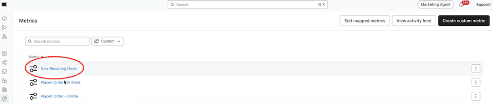 Image shows a metrics dashboard in Klaviyo that indicates how to find the non-recurring order metric